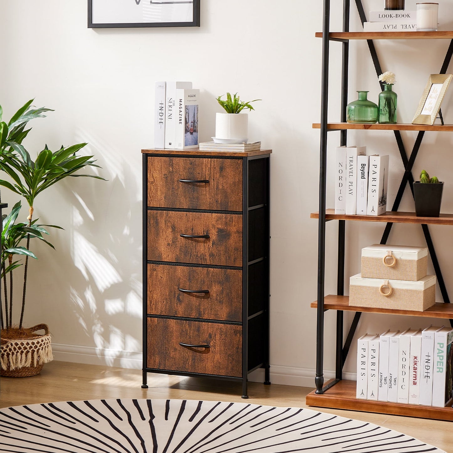 4 Drawer Dresser, Wide Chest Drawers Nightstand Storage Tower Storage Fabric Dresser With Wood Top for Living Room