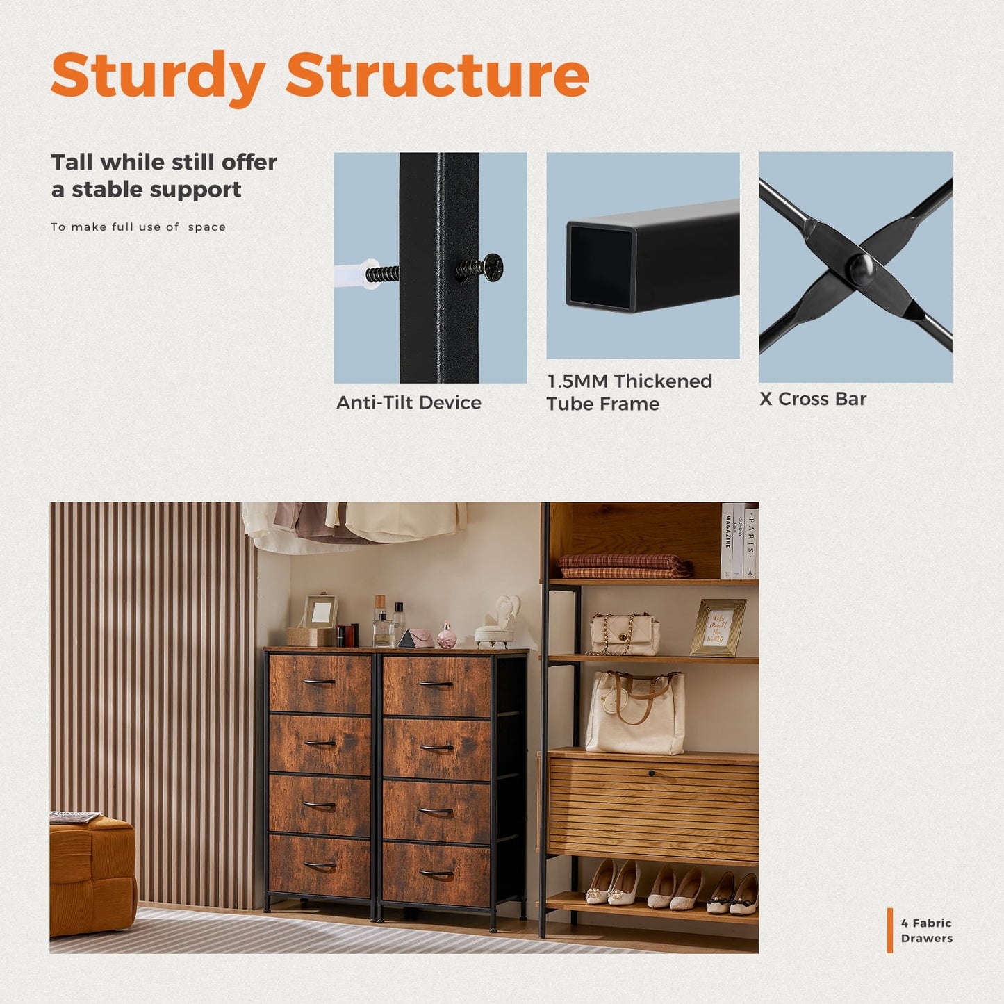 4 Drawer Dresser, Wide Chest Drawers Nightstand Storage Tower Storage Fabric Dresser With Wood Top for Living Room