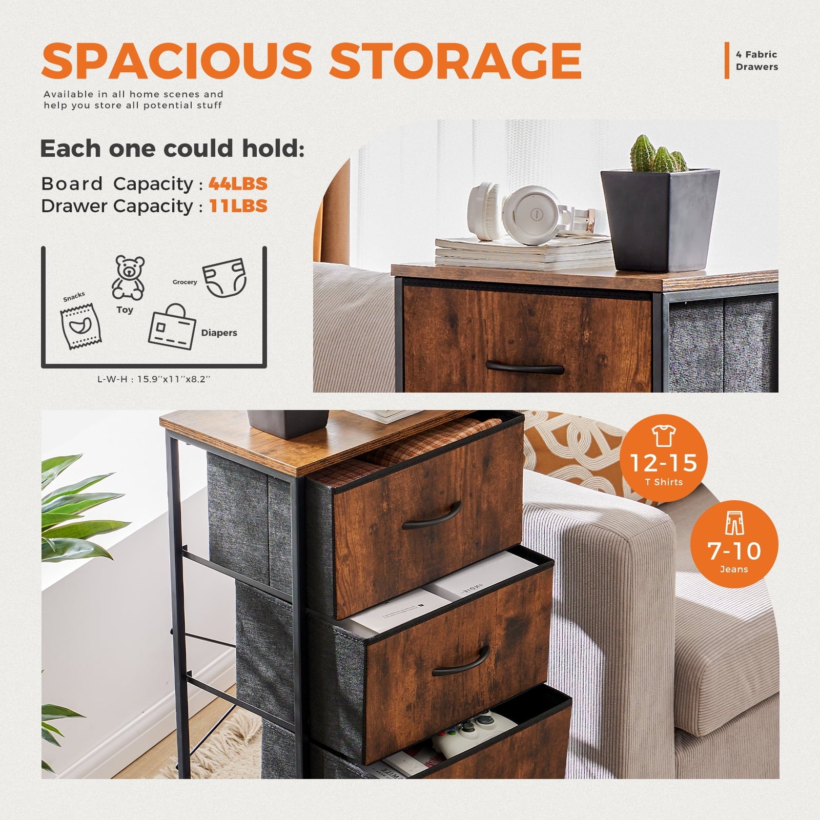 4 Drawer Dresser, Wide Chest Drawers Nightstand Storage Tower Storage Fabric Dresser With Wood Top for Living Room